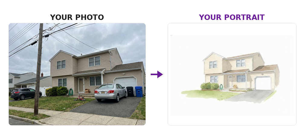 A photo of a suburban house beside the same house rendered as a watercolor portrait, with the parked cars and power lines removed