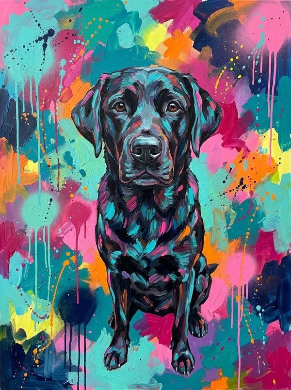 A black labrador in the Bold & Colourful style, thick acrylic brushwork over pink, teal and orange splatter