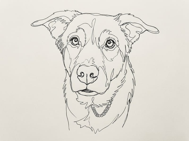 A dog drawn as a single continuous black pen line on plain cream paper