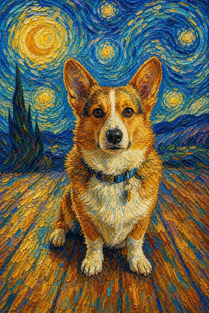 A corgi painted in the Van Gogh-inspired Starry style, with swirling impasto blue and gold brushwork