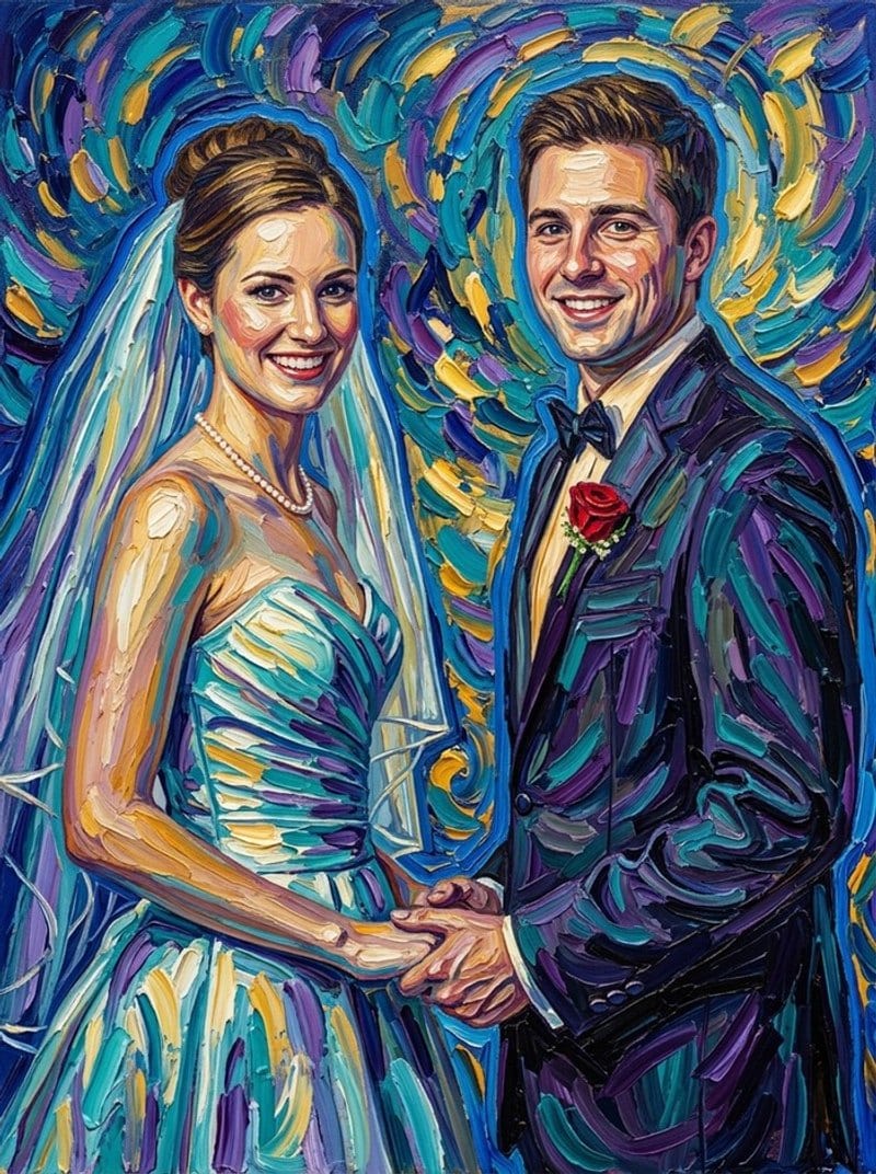 A bride and groom holding hands, painted in swirling blue, purple and gold impasto brushwork