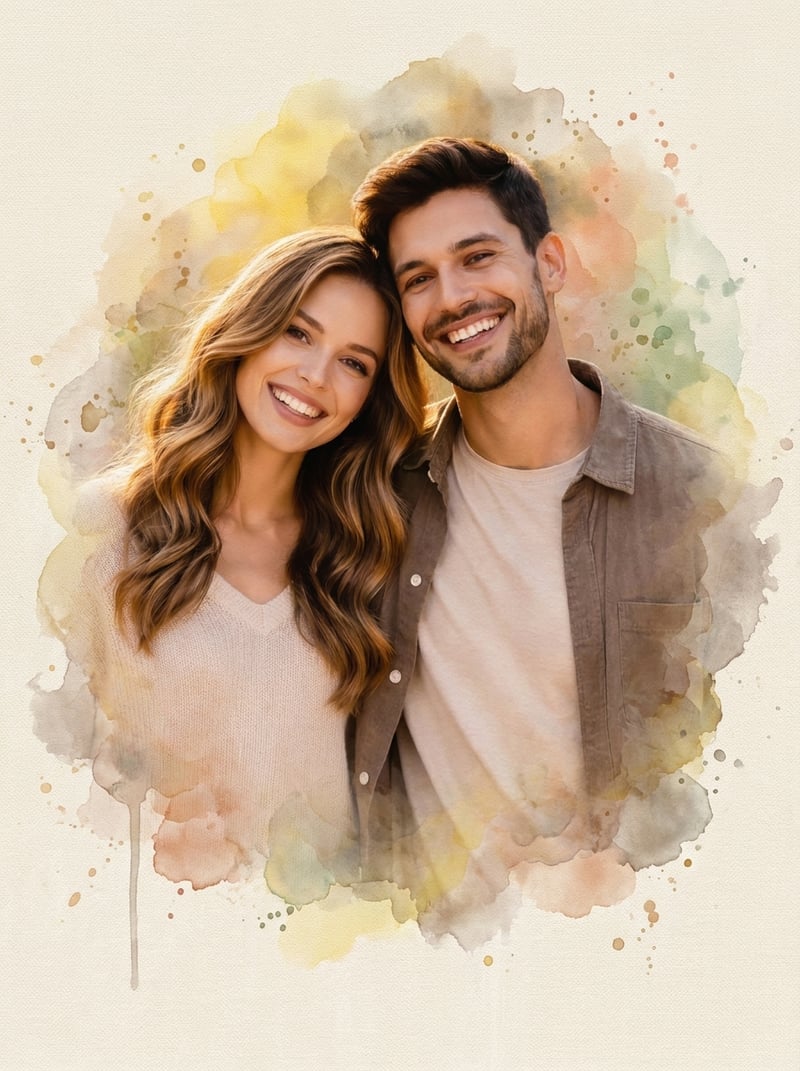 A smiling couple's photo transformed into a soft watercolor portrait with a warm golden wash