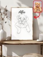 Minimalist line art dog portrait of a puppy named Alfie in a wood frame, next to the original photo