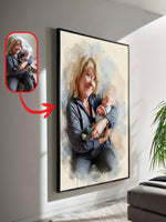 Custom watercolor portrait of a grandmother holding a newborn baby