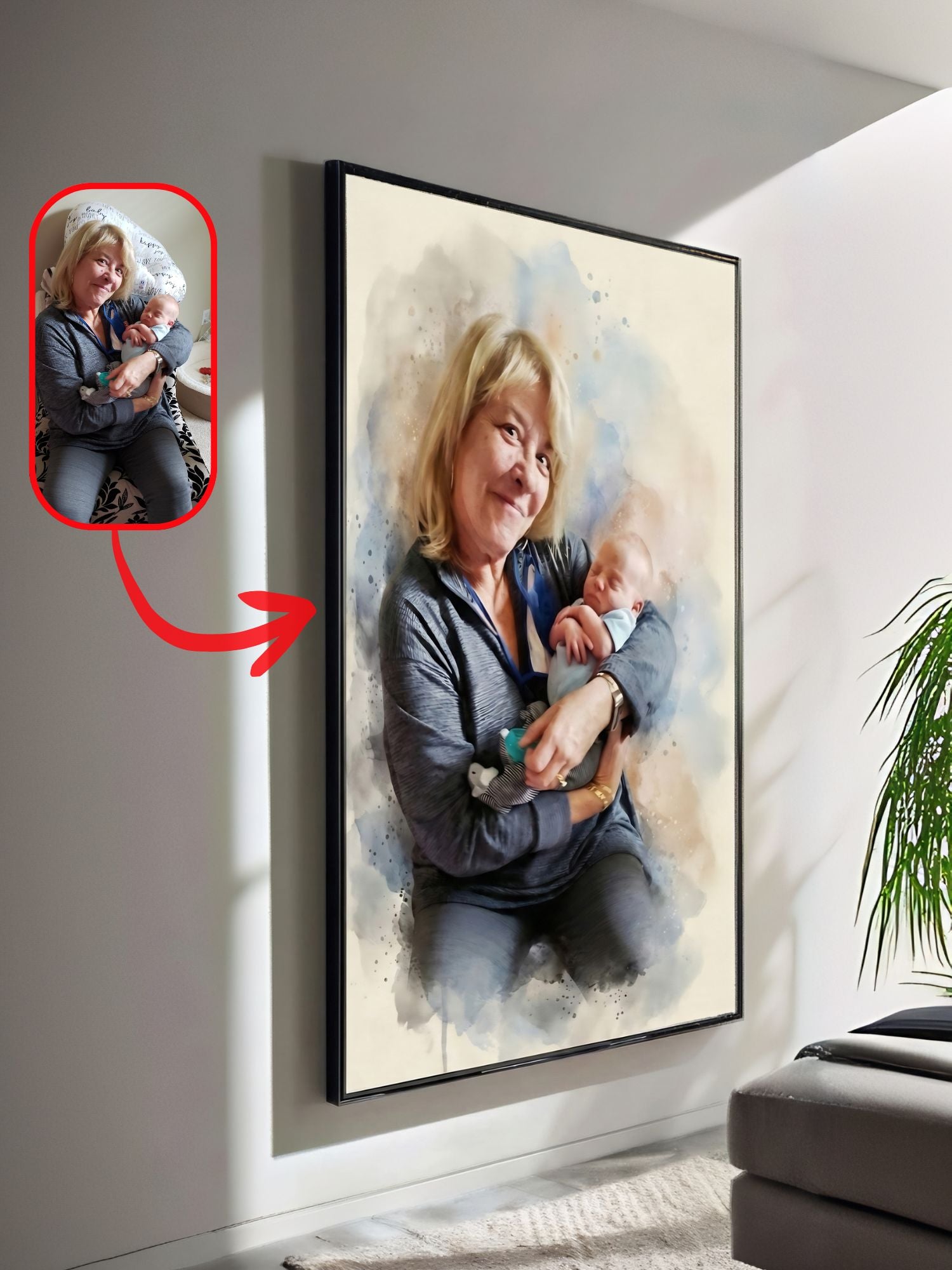 Custom watercolor portrait of a grandmother holding a newborn baby