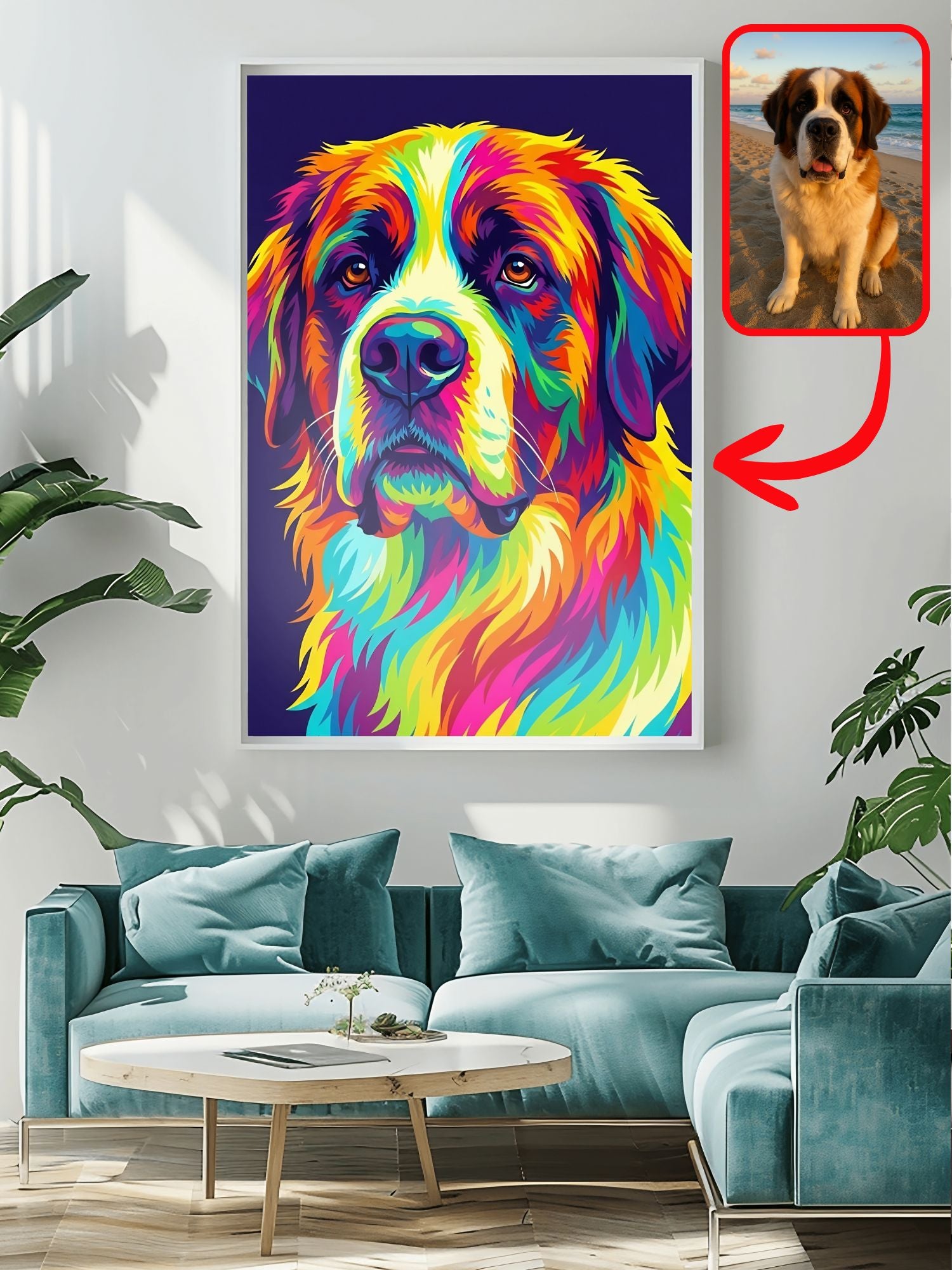 Bright pop art dog portrait above a blue sofa with a photo inset