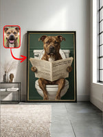 Funny dog portrait of a brindle pit bull reading a newspaper on a toilet