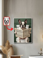 Funny French bulldog portrait reading a newspaper on a toilet