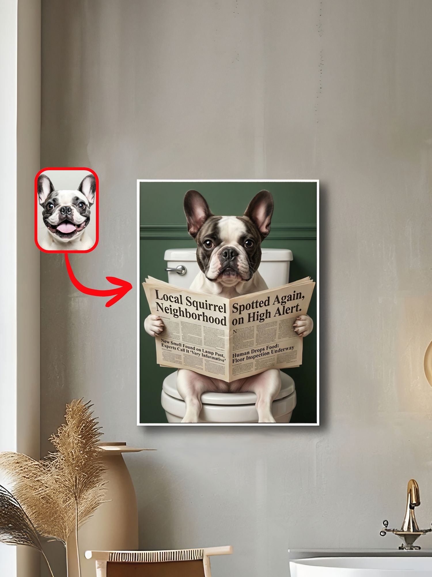 Funny French bulldog portrait reading a newspaper on a toilet