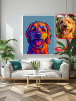 Colorful pop art goldendoodle portrait in WPAP geometric style