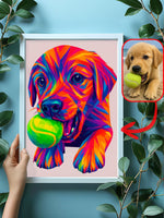 WPAP pop art portrait of a golden retriever puppy with a tennis ball