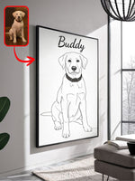 Custom line art pet portrait of a Labrador named Buddy, shown framed beside the original photo