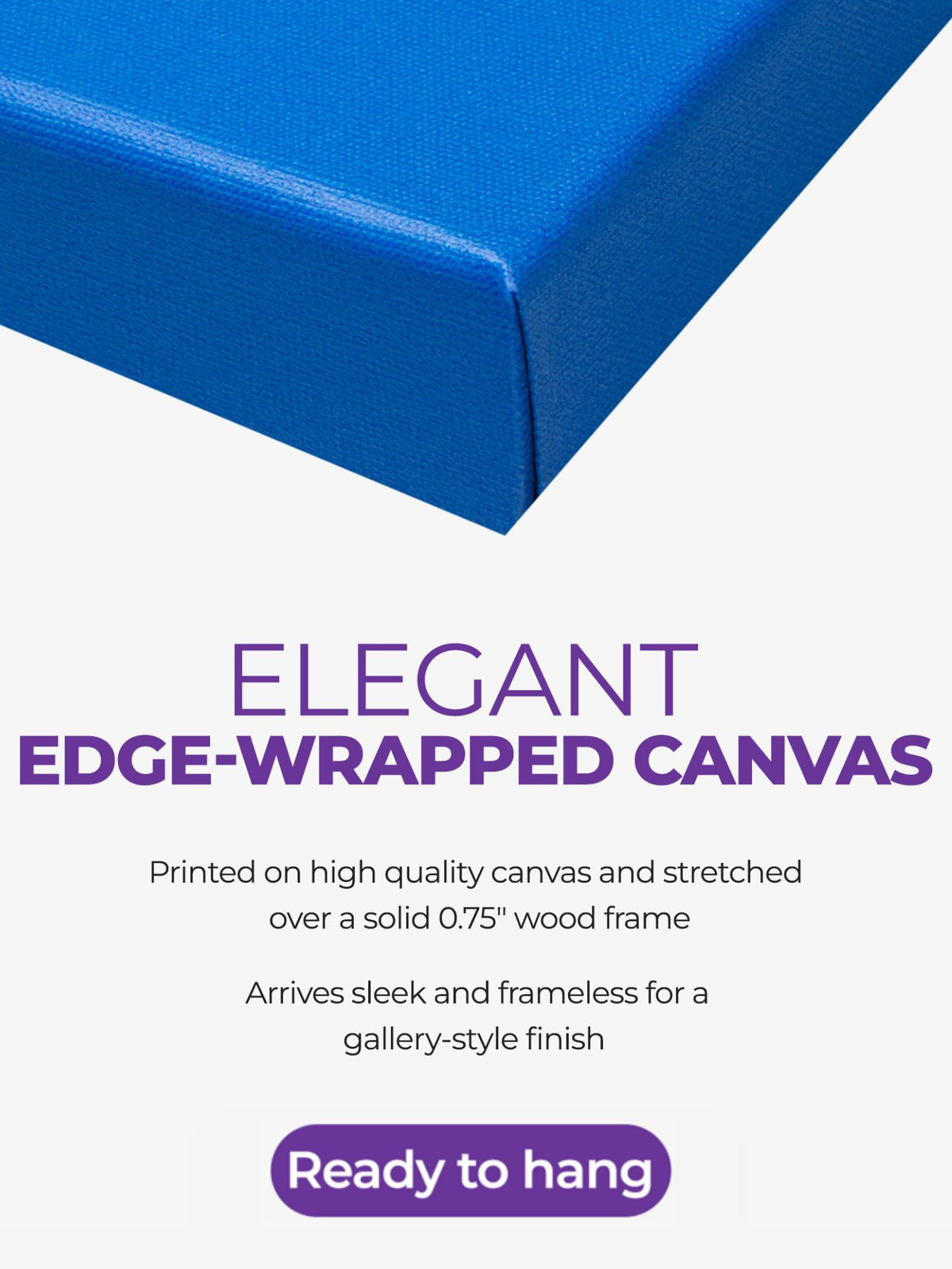 Blue edge-wrapped canvas with text about its features on a white background