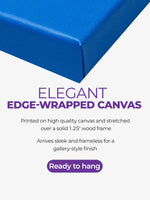 Advertisement for edge-wrapped canvas with blue corner and purple text on a white background