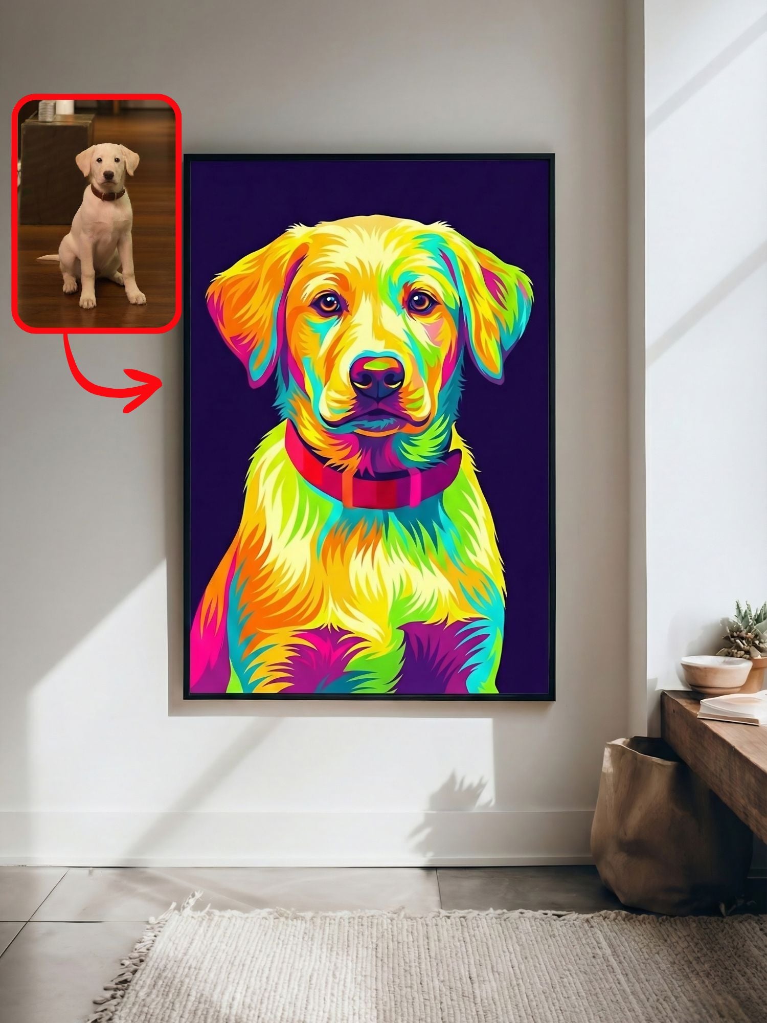 Custom pop art dog portrait with an inset of the original photo