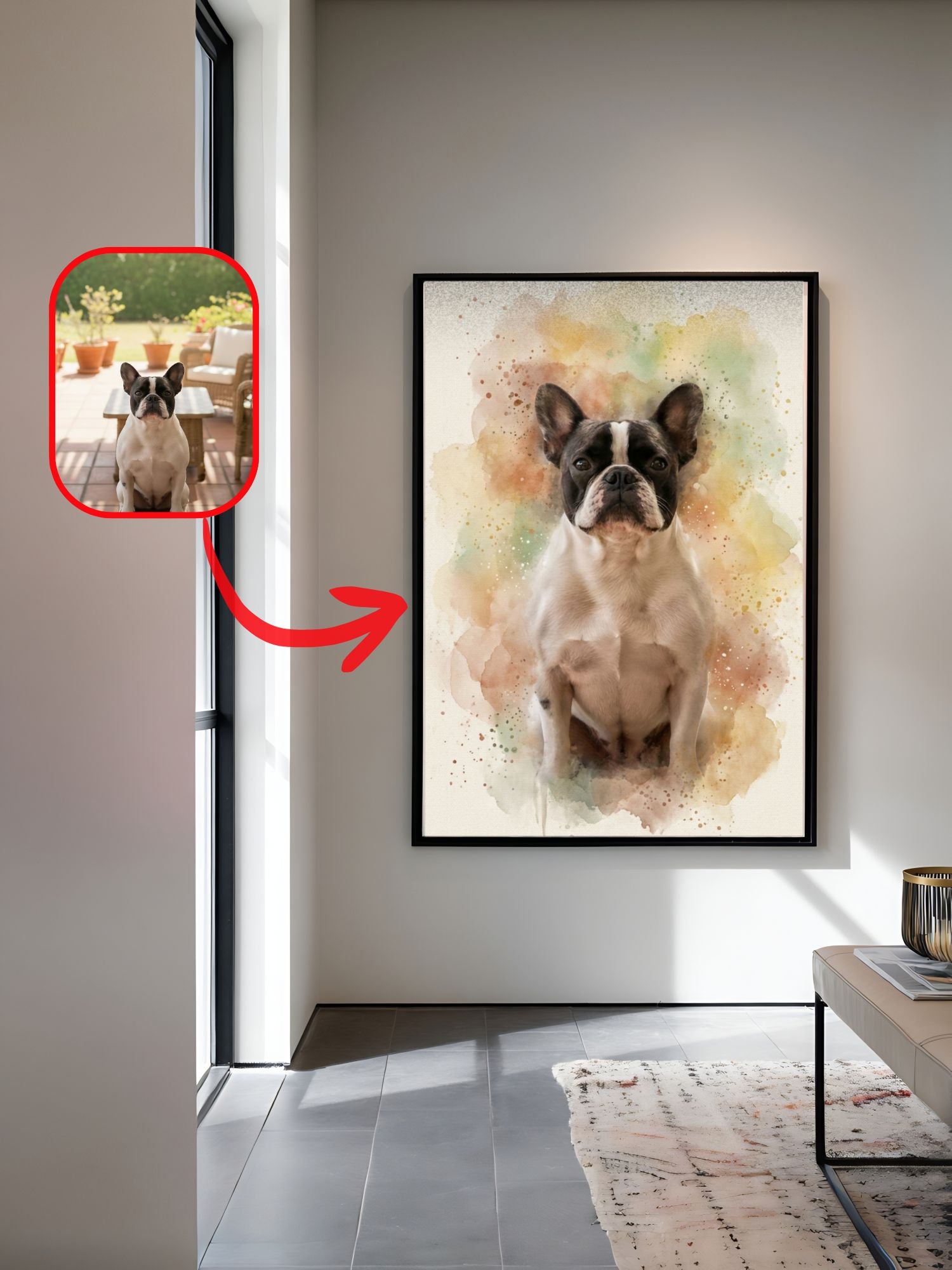 Custom watercolor dog portrait of a French bulldog from a photo