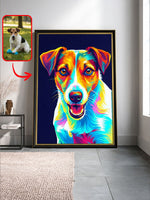 Bright pop art dog portrait displayed in a modern living room