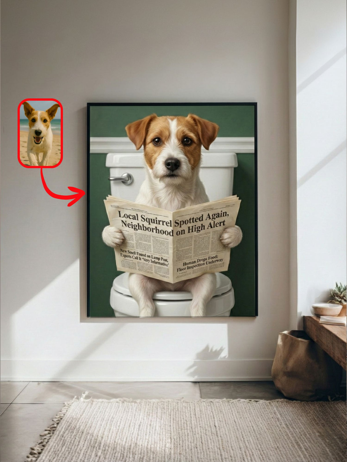 Funny Jack Russell terrier portrait reading a newspaper on a toilet