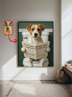Funny Jack Russell terrier portrait reading a newspaper on a toilet