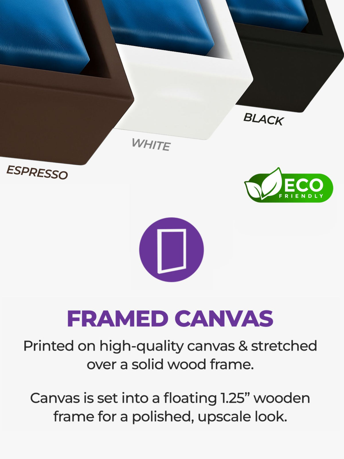 Framed canvas options with espresso, white, and black frames on a white background.