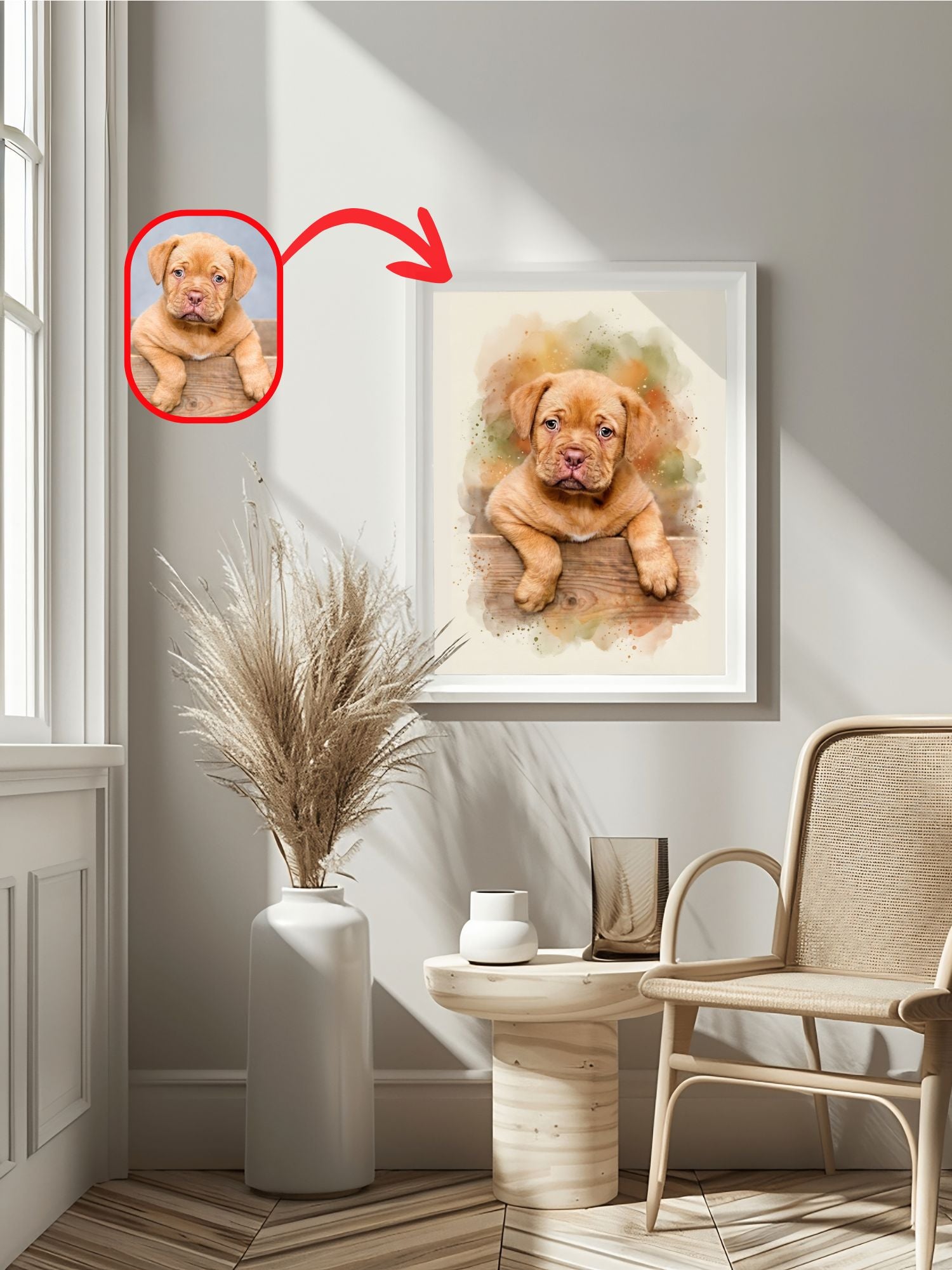 Custom watercolor dog portrait of a mastiff puppy from a photo