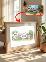 Framed digital art of a house with a real-life house shown inset.