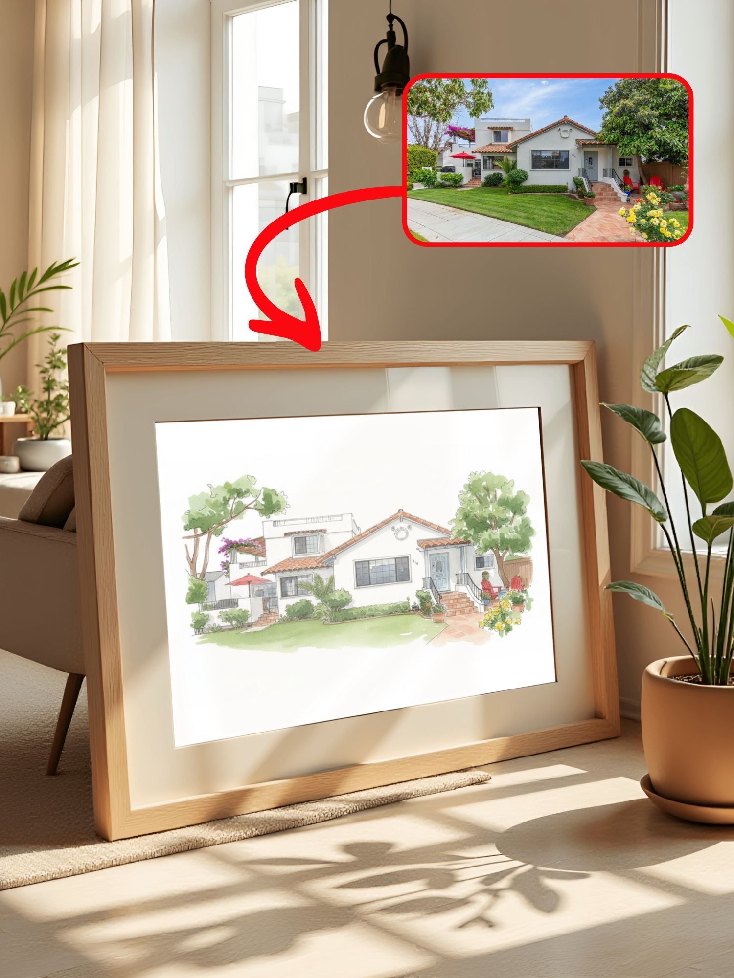 Framed digital art of a house with a real-life house shown inset.