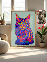 Custom pop art portrait of a long-haired tabby cat in WPAP style