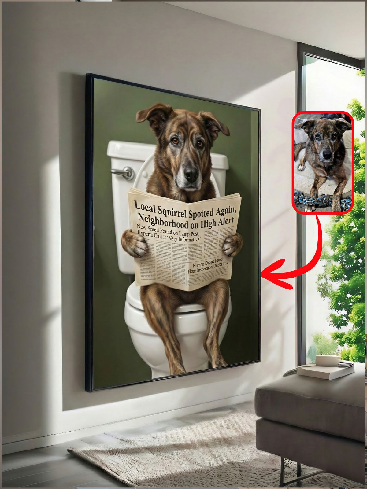 Funny dog portrait of a brindle shepherd mix reading a newspaper on a toilet