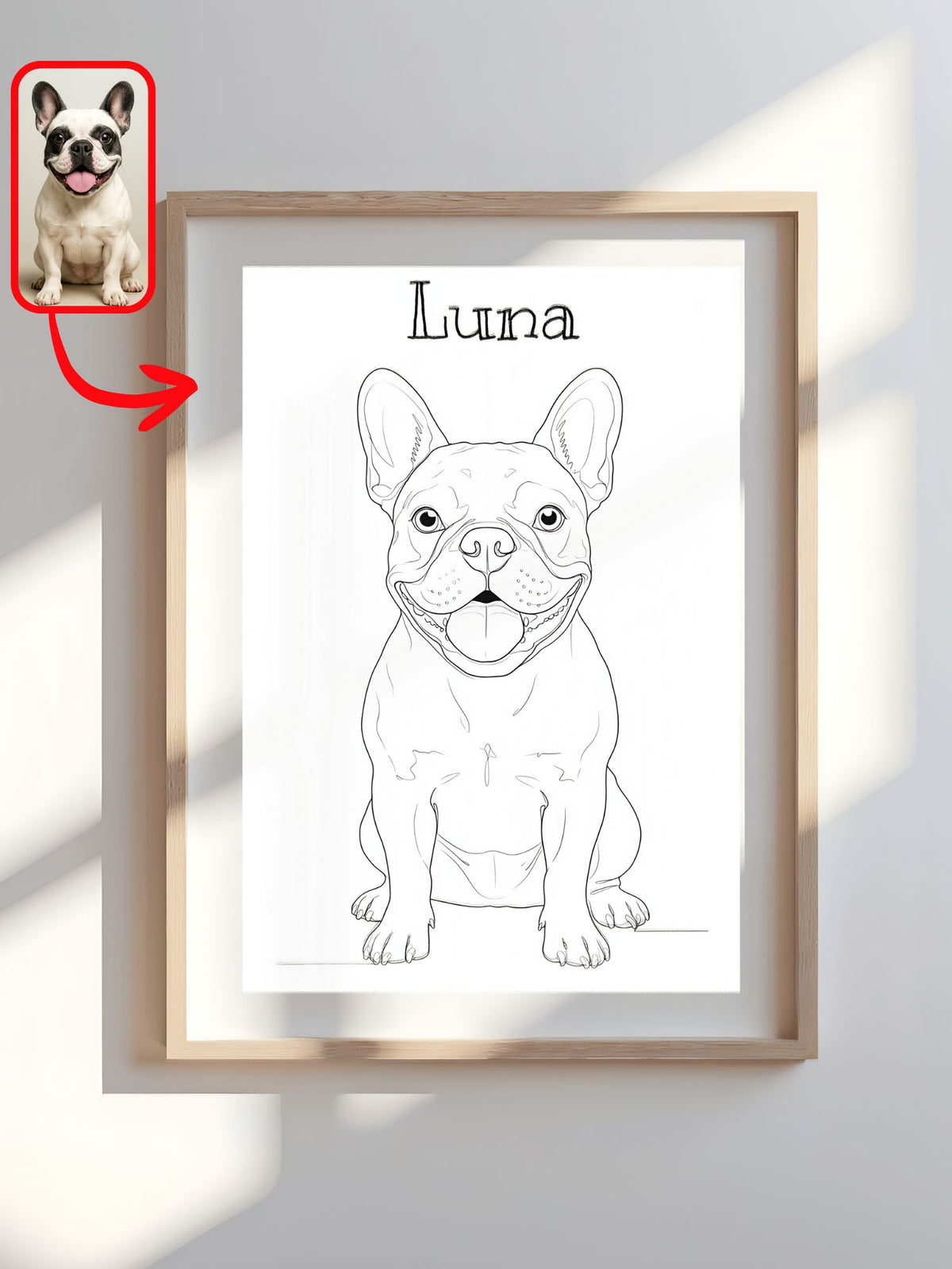 Line art pet portrait of a French Bulldog named Luna, framed beside the original pet photo