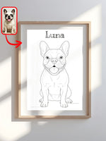 Line art pet portrait of a French Bulldog named Luna, framed beside the original pet photo