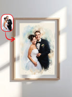 Custom watercolor wedding portrait of a bride and groom from a photo