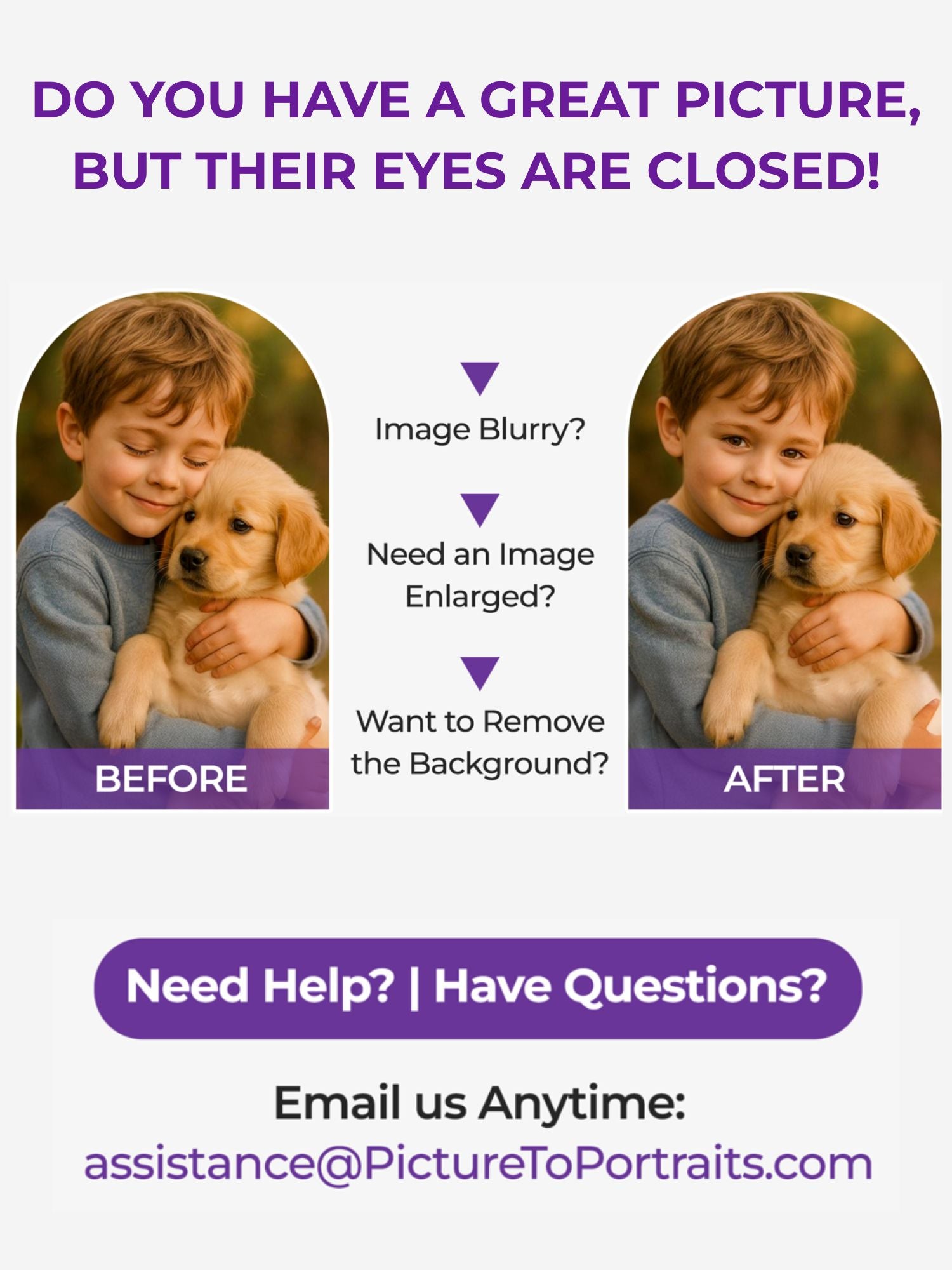 Customer support graphic for custom portraits with photo tips and a contact email address