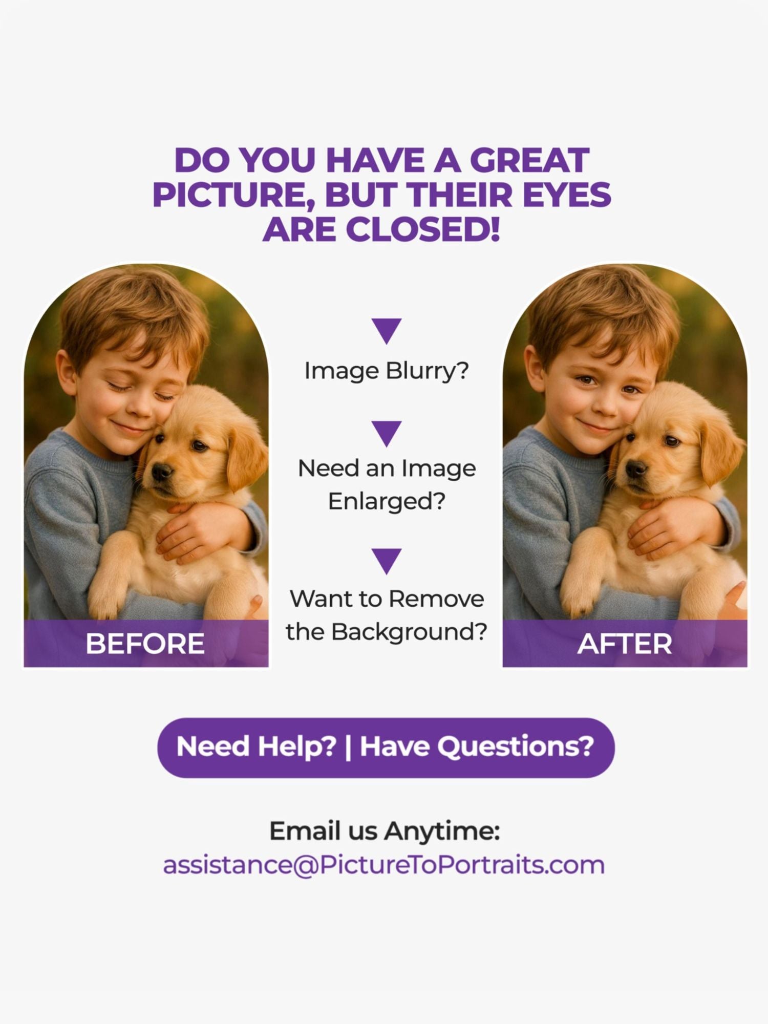 Before and after image of a boy with a puppy, with text about photo editing services.