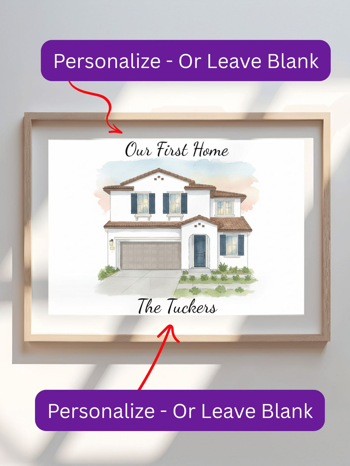 Framed artwork of a house with customizable text on a wall.