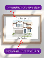 Framed artwork of a house with customizable text on a wall.