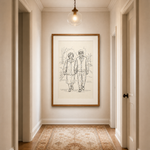 Personalized line art portrait of a couple, framed on a hallway wall
