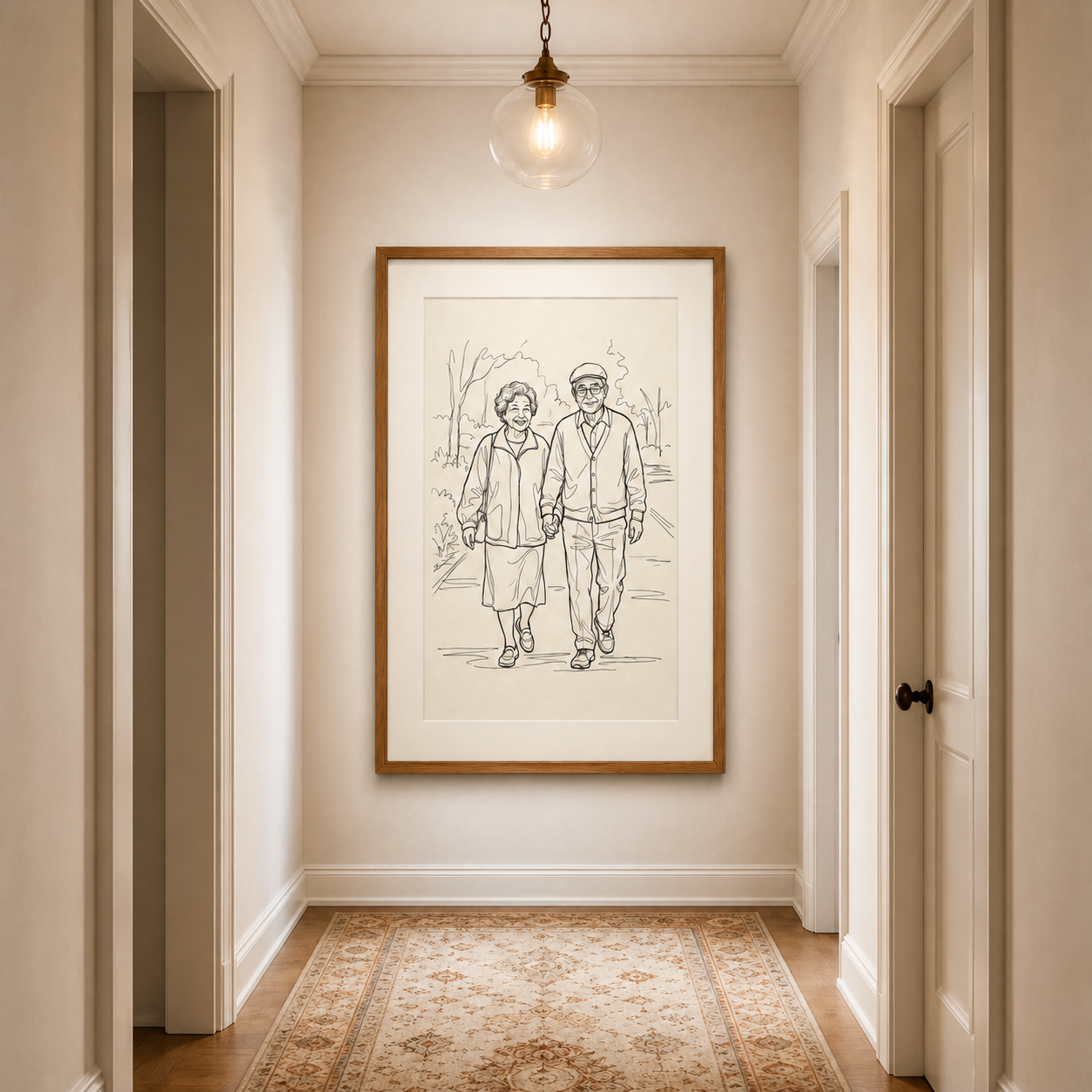 Personalized line art portrait of a couple, framed on a hallway wall