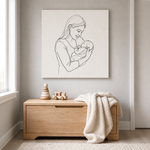 Single-line minimalist portrait of a mother holding her baby on a square canvas