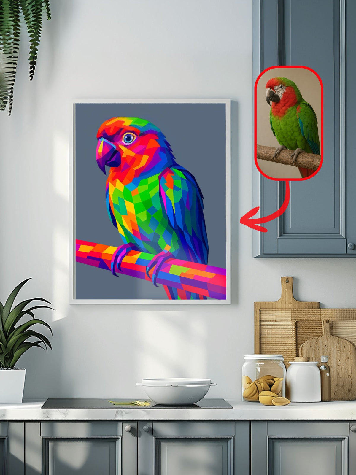Custom pop art parrot portrait in bold WPAP geometric style