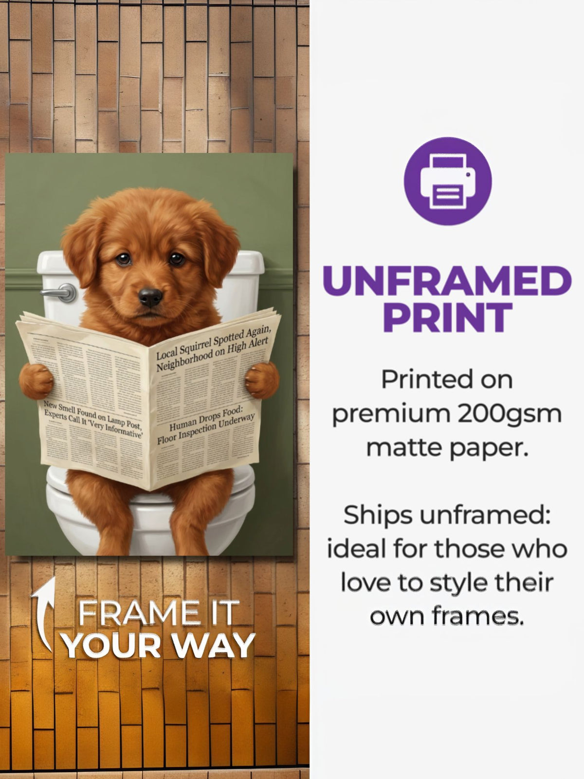 Funny dog reading-the-paper portrait on a museum-quality poster