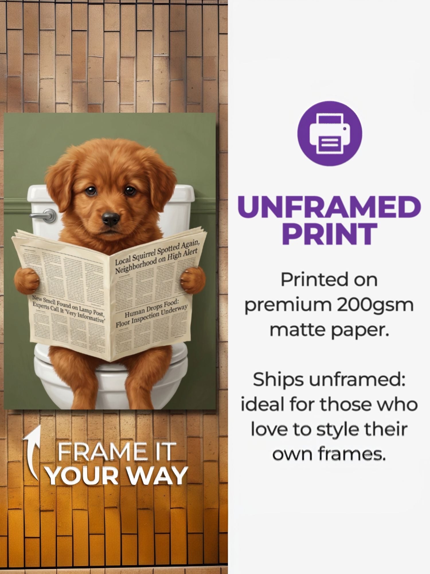 Funny dog reading-the-paper portrait on a museum-quality poster