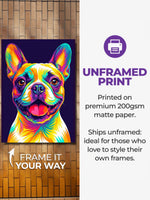Bright pop art pet portrait on a museum-quality poster