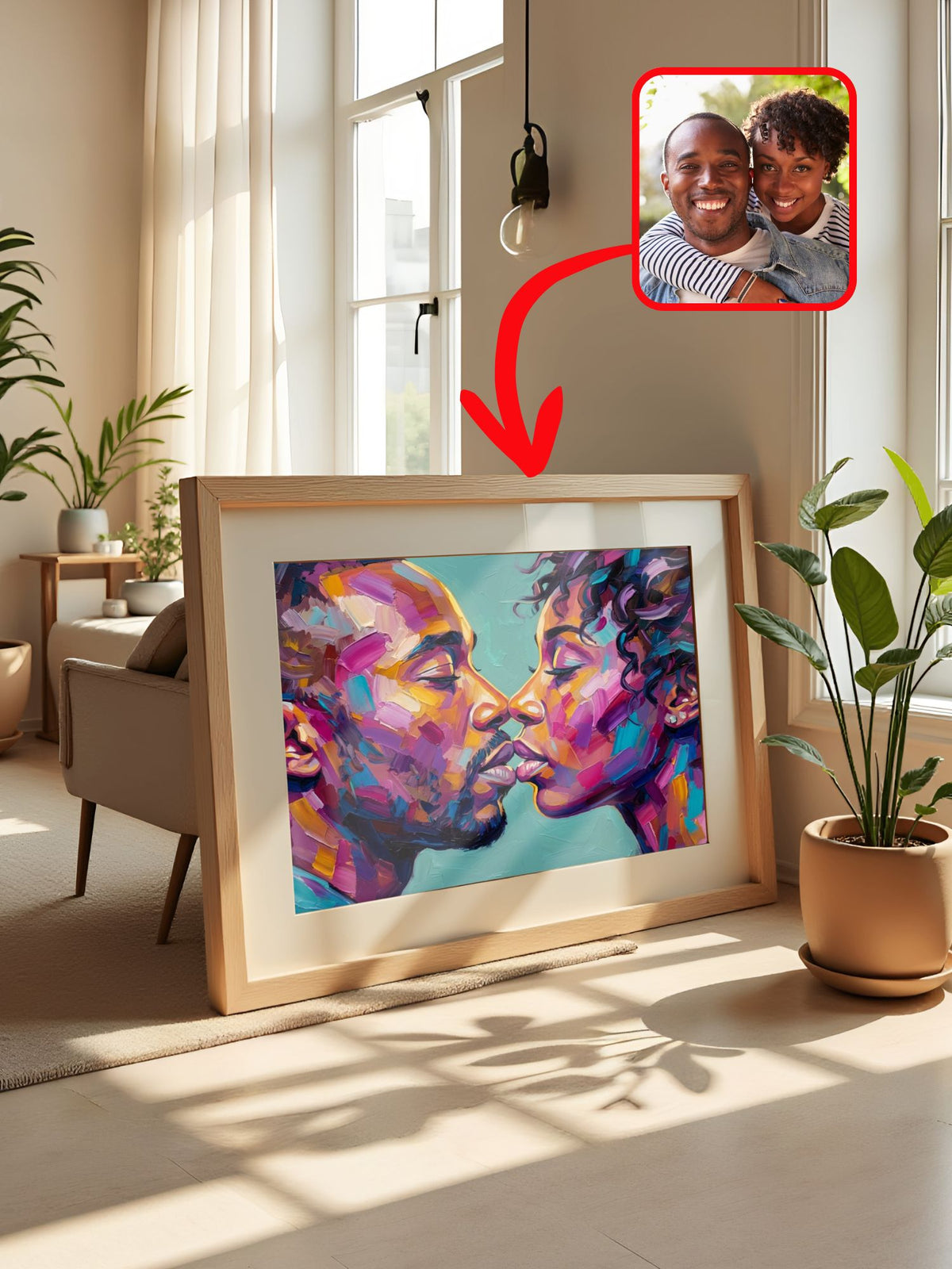 Colorful oil-style couple portrait framed in a bright room