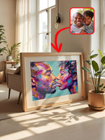 Colorful oil-style couple portrait framed in a bright room