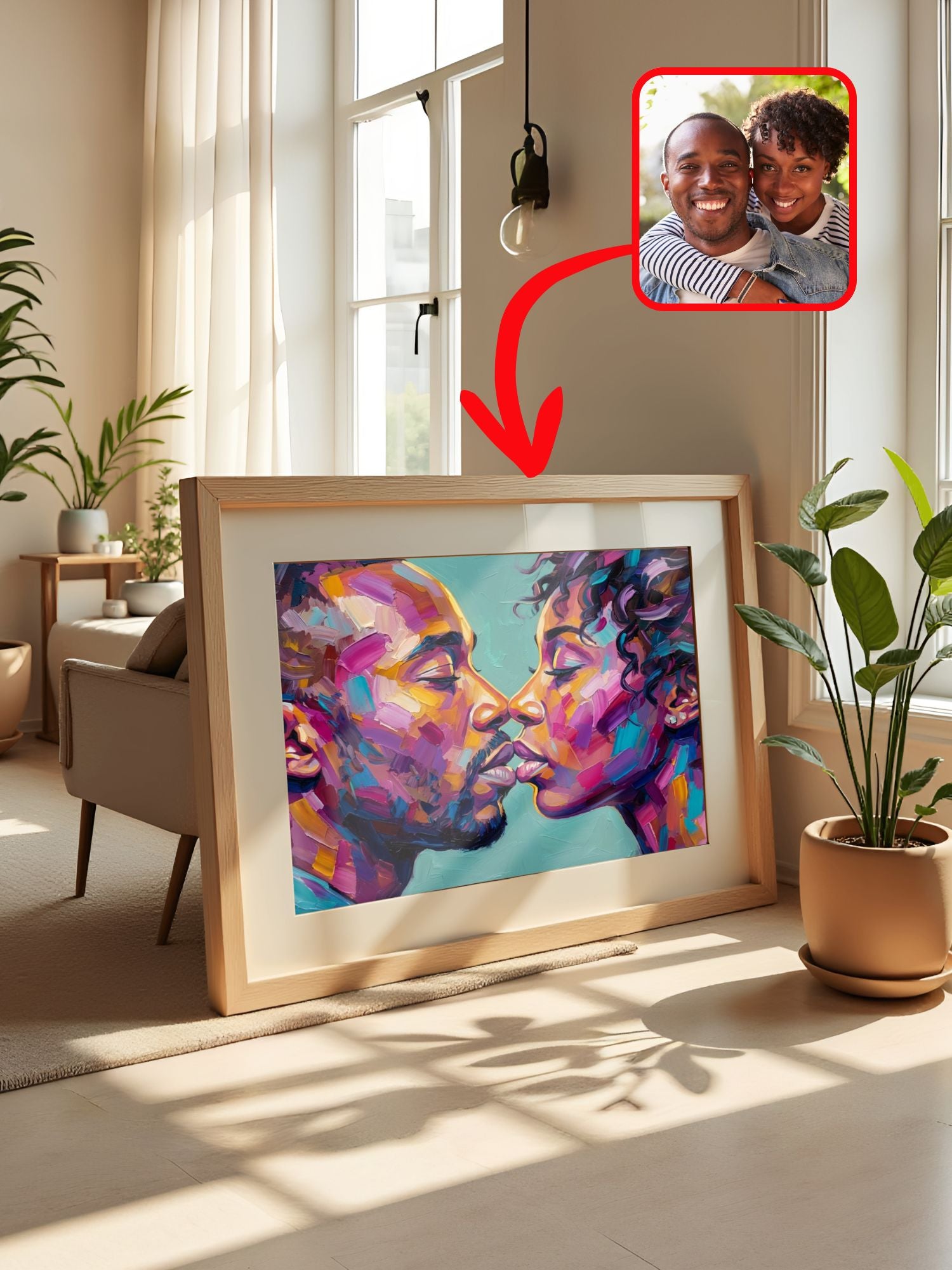Colorful oil-style couple portrait framed in a bright room