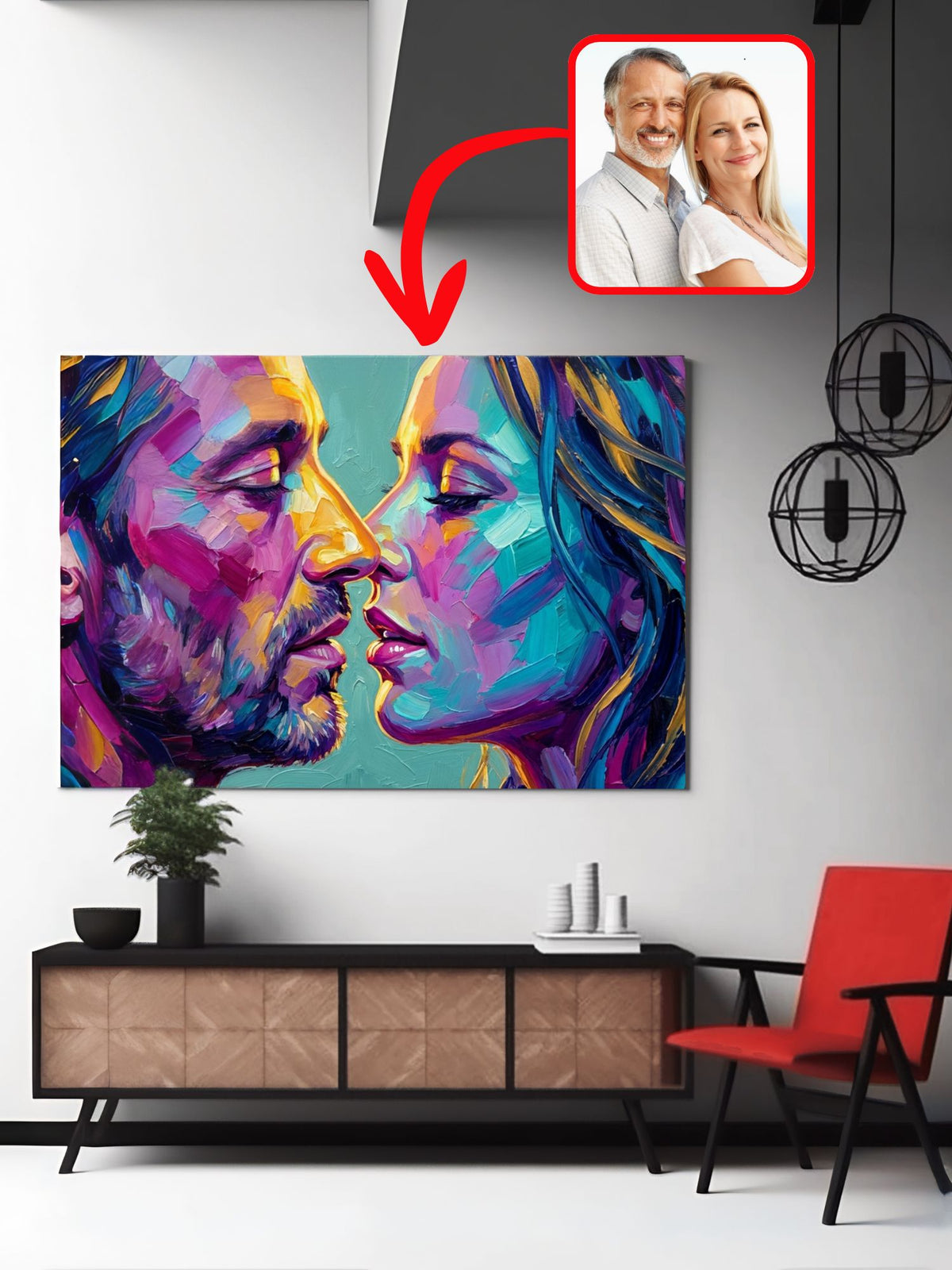 Custom oil-style couple portrait with a photo inset