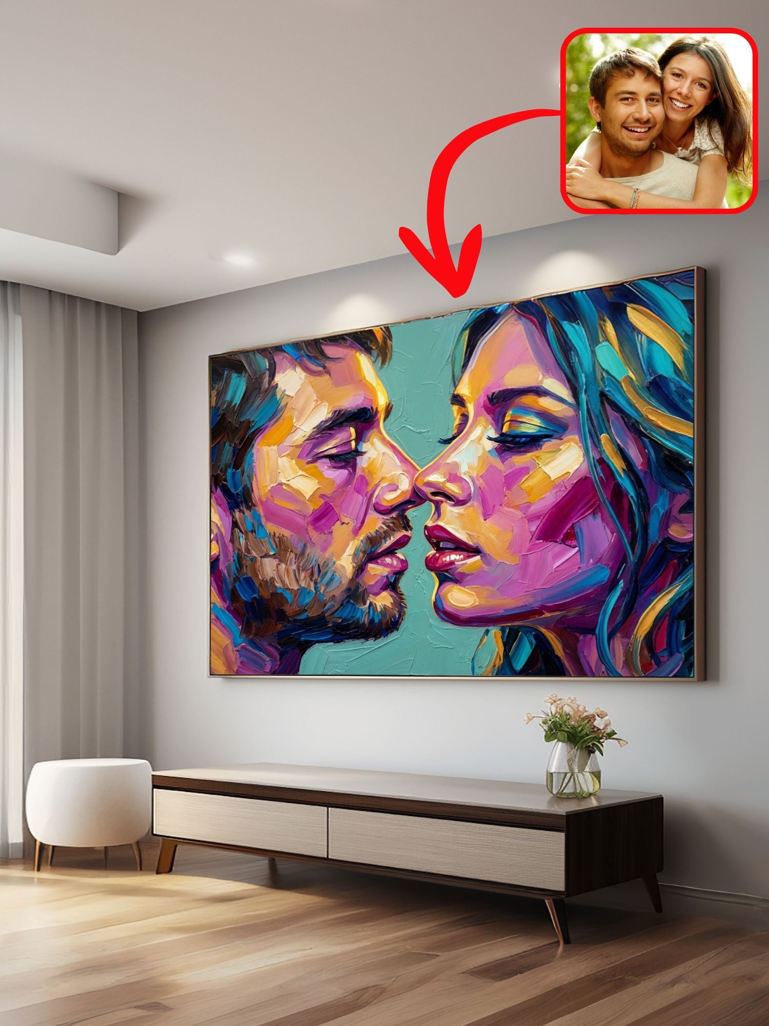 Bold oil-style couple portrait displayed on a living room wall