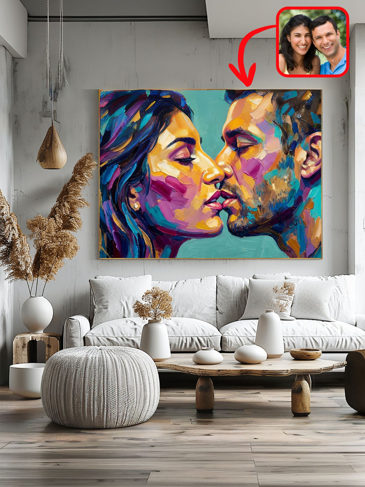 Custom palette-knife oil-style couple portrait in a modern living room