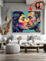 Custom palette-knife oil-style couple portrait in a modern living room